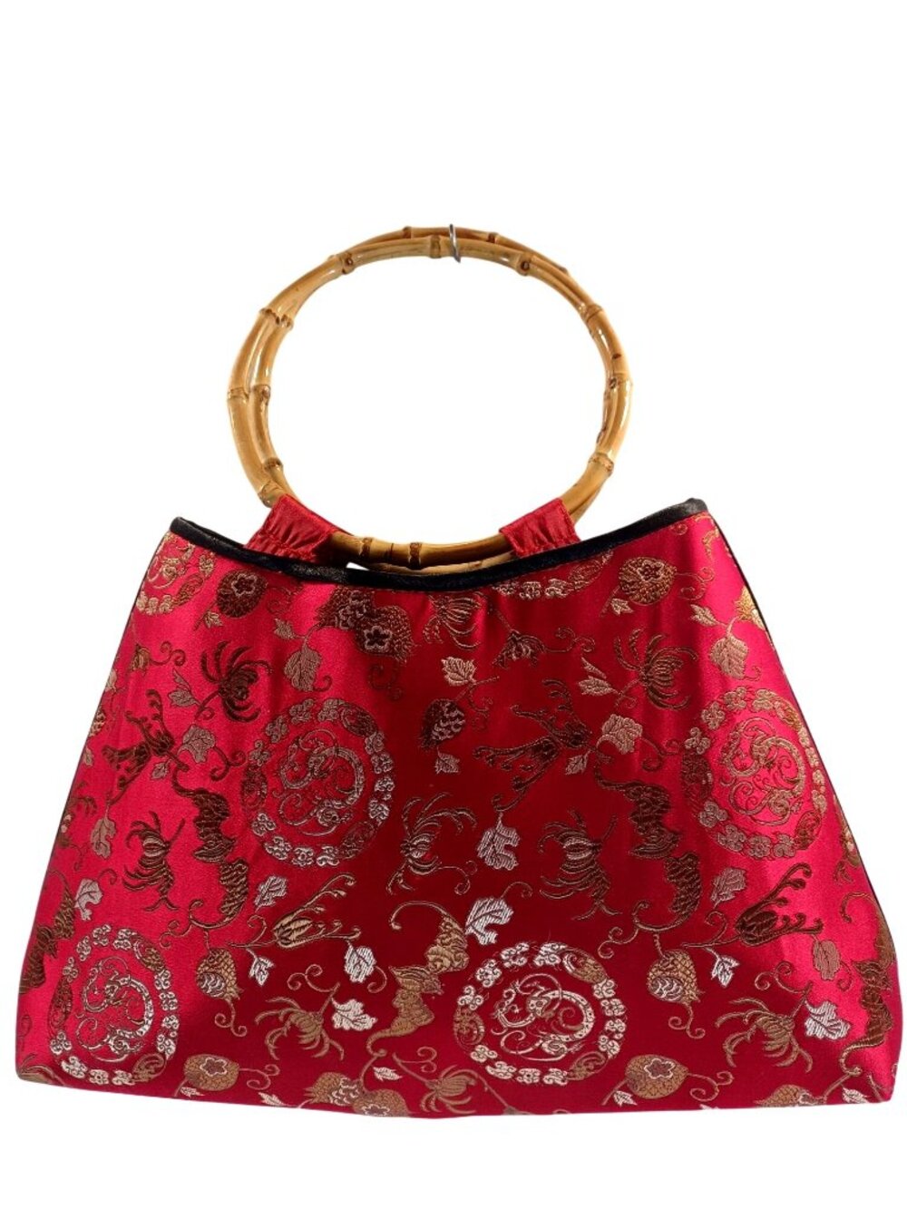 Oriental Purse Brocade Handbag Red Bamboo Loop Handles Gold Floral Print Women